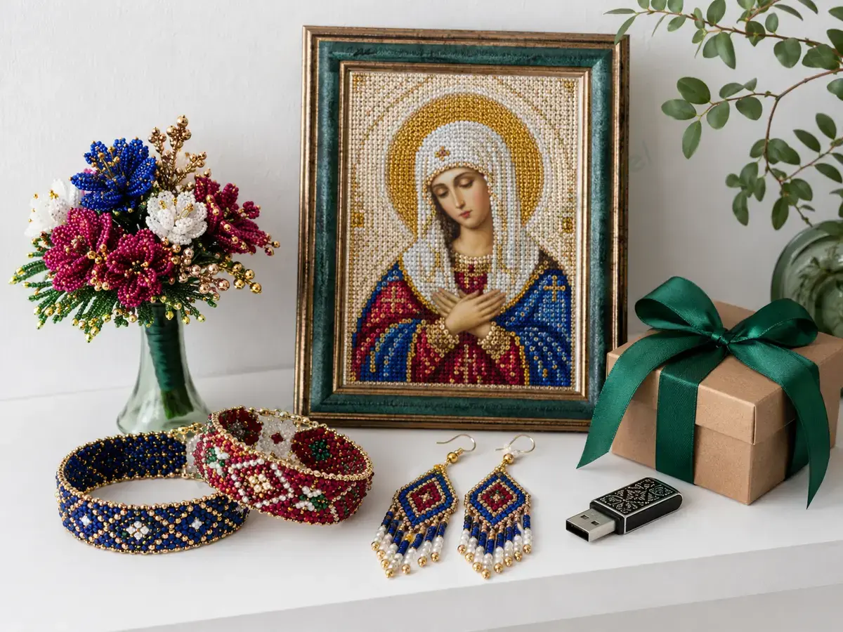 Готові браслети, сережки, квіти й ікона з бісеру